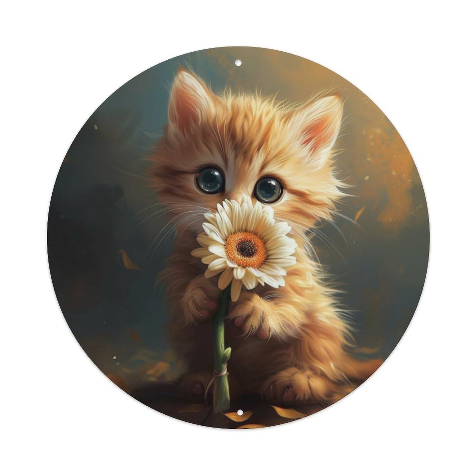 Animal Soft Fluffy Kitten Holding Daisy Retro Warm Vintage Metal Tin Sign Plaque Wall Decor for Cafe, Club Bar, Office, Garden Metal Poster 8x8Inch