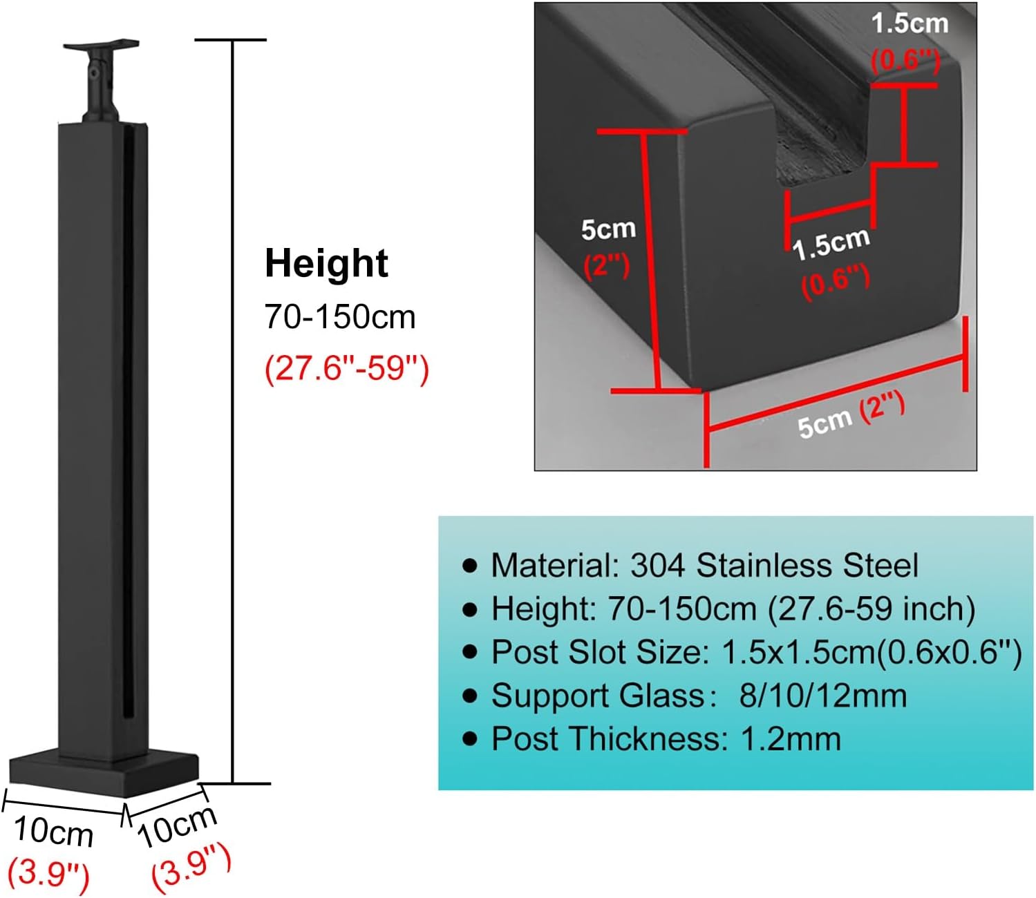 Black Square Staircase Baluster Post with Swivel Connector – Waterproof Glass Railing for Wood Deck, Balcony, Pool - Corner Post, 115cm (45.3 inch) - Durable & Stylish