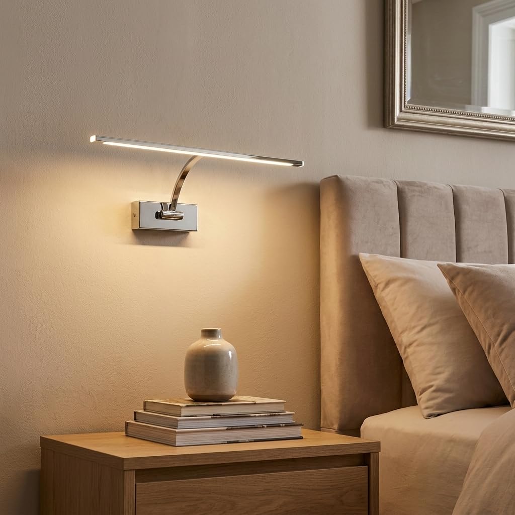 BARCELONA LED Aplique LED para Cuadros 6W Ajustable Cromado | Lámpara de Pared Interior con Brazo Orientable | Luz Cálida 2700K | Iluminacuadros LED CRI>80 para Fotos, Arte, Espejos, Salón y Galerías