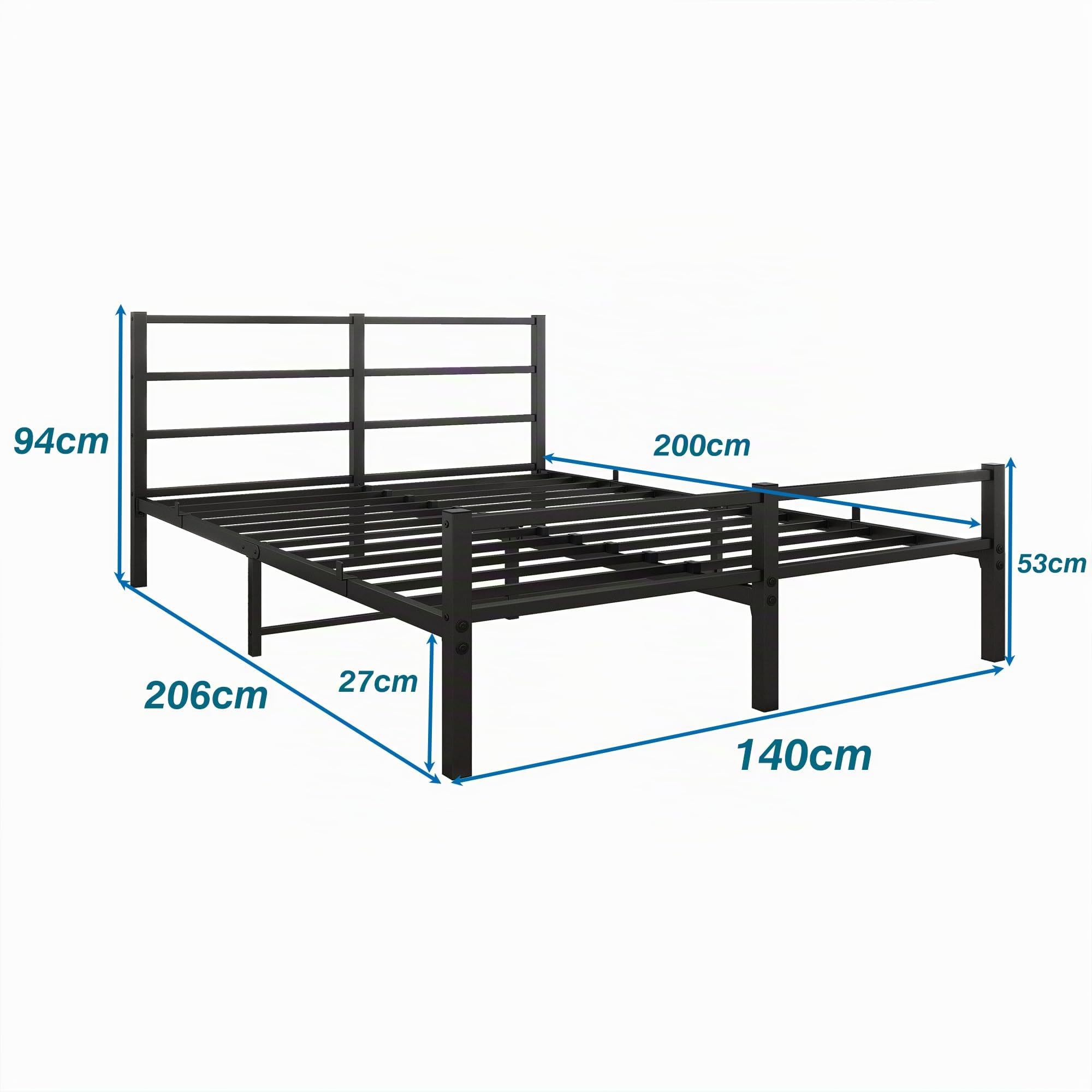 Metallbett 140x200 cm Bettrahmen mit Kopfteil und Fußteil, Bett für Erwachsene, Gästebett Doppelbett Schwarz