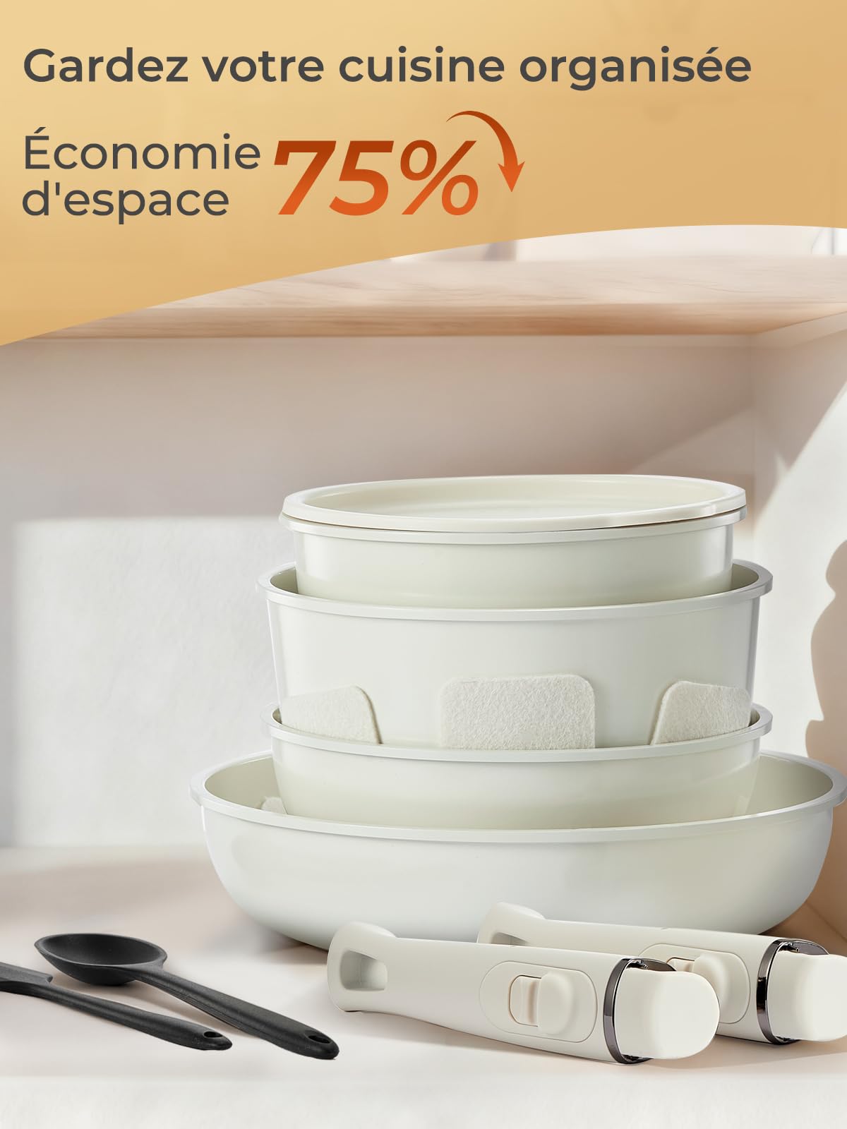 Poele Ceramique, 17 Pièces Batterie de Cuisine avec Fond Céramique et Poignée Amovible – Pour Cuisine Familiale & Camping – Sans PFAS, PFOA, PTFE – Compatible Induction, Four et Lave-Vaisselle