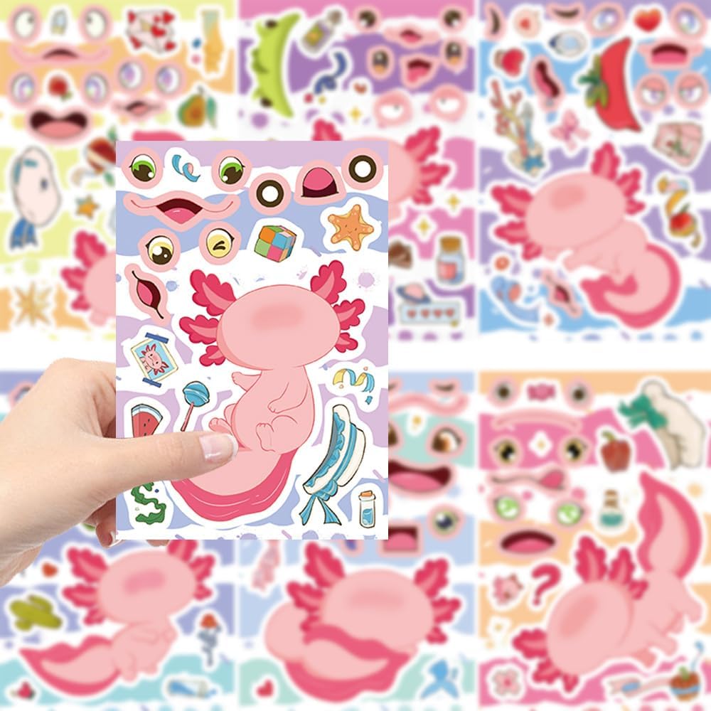 24 Sheets Axolotl Make-a-Face Stickers Mix 'n Match Crafts for Adult Axolotls Party Make Your Own Axolotl Stickers for Party Favors,Birthday Goodie Bag Fillers,Rewards,Collect(Axolotls)