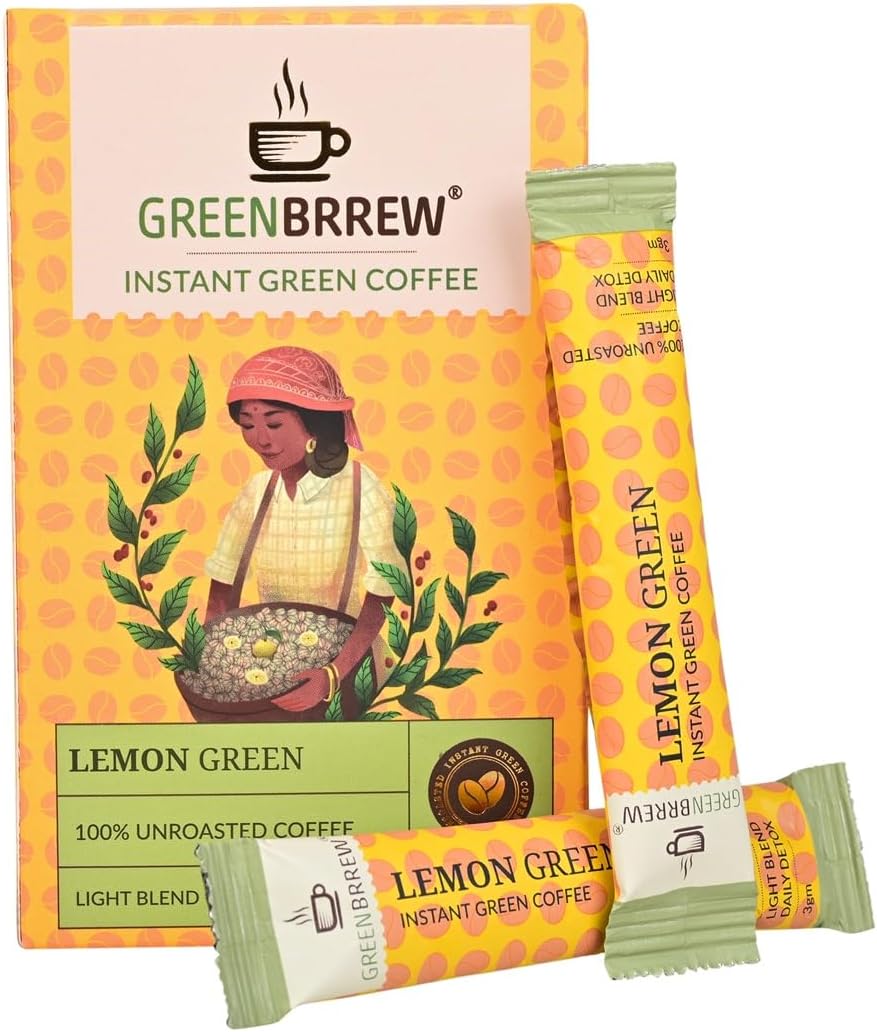 Instant Lemon Green Coffee Powder - 60g | Weight Managment & Metabolism Support Drink | Antioxidant Rich Green Coffee from Unroasted Beans | Detox Coffee | Easy Mix Sachets | 20 Sachets