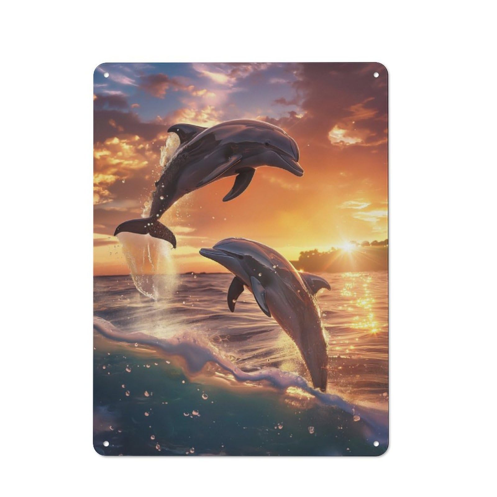 Junmoney Dolphin Sunset Dance Rustic Tin Wall Plaque 40X30cm For Guest Room Or Hallway, For Garage, Workshop And Man Cave Decoration