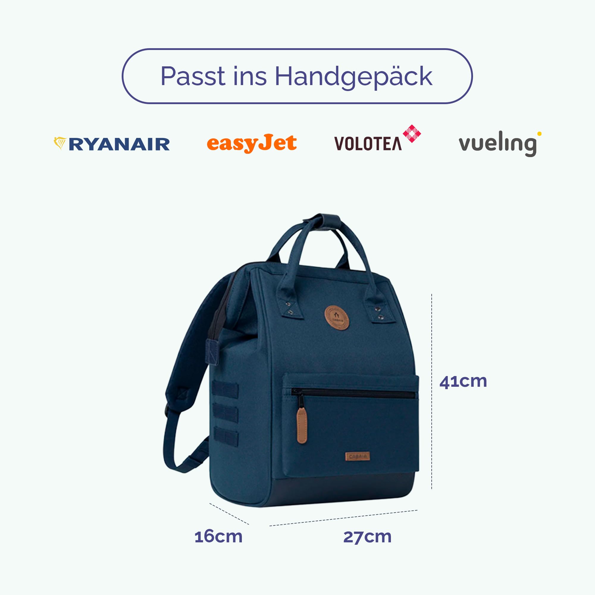 Cabaïa - Adventurer Rucksack Reykjavik Medium 18L - Wasserabweisend - Laptopfach bis zu 13 Zoll - 2 Vordertaschen - vegan zertifiziert - Rucksack für Reisen und Arbeit, Damen & Herren - Blau