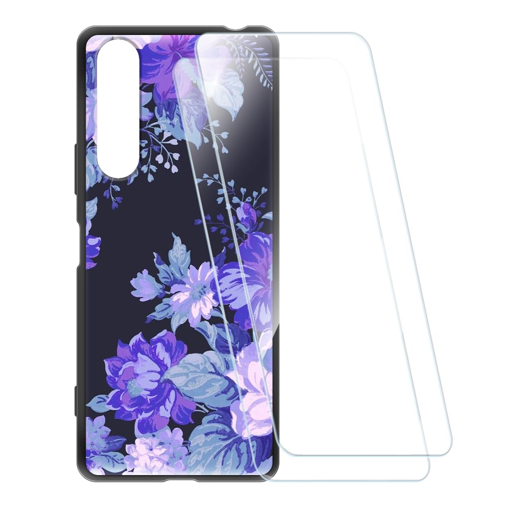 Printed Case + 2 Pack Screen Protectors Compatible with Sony Xperia 1 II, Shockproof Pattern Soft Cover and HD Clear Tempered Glass Film (Purple Flowers)