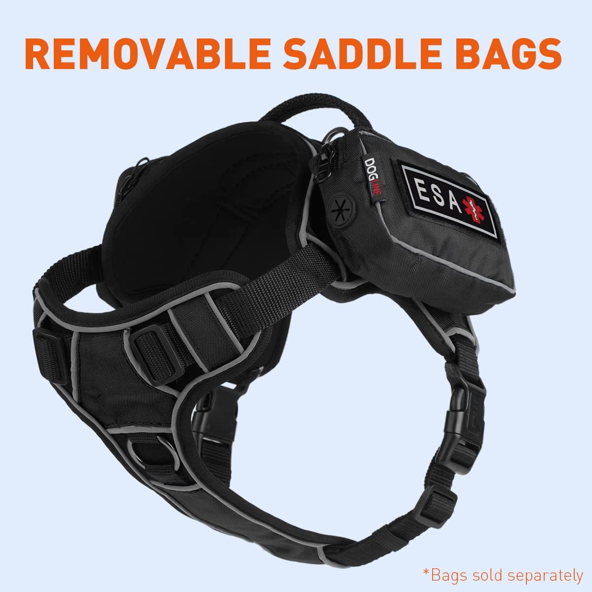 Dogline Quest No-Pull Dog Harness with 3D Rubber ESA Removable Patches Reflective Soft Comfortable Dog Vest with Quick Release Dual Buckles Black Hardware and Handle 15 to 18 inches Black