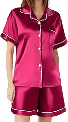 Conjunto de pijama feminino de cetim, manga curta, abotoado, blusa e shorts, conjunto de 2 peças para mulheres