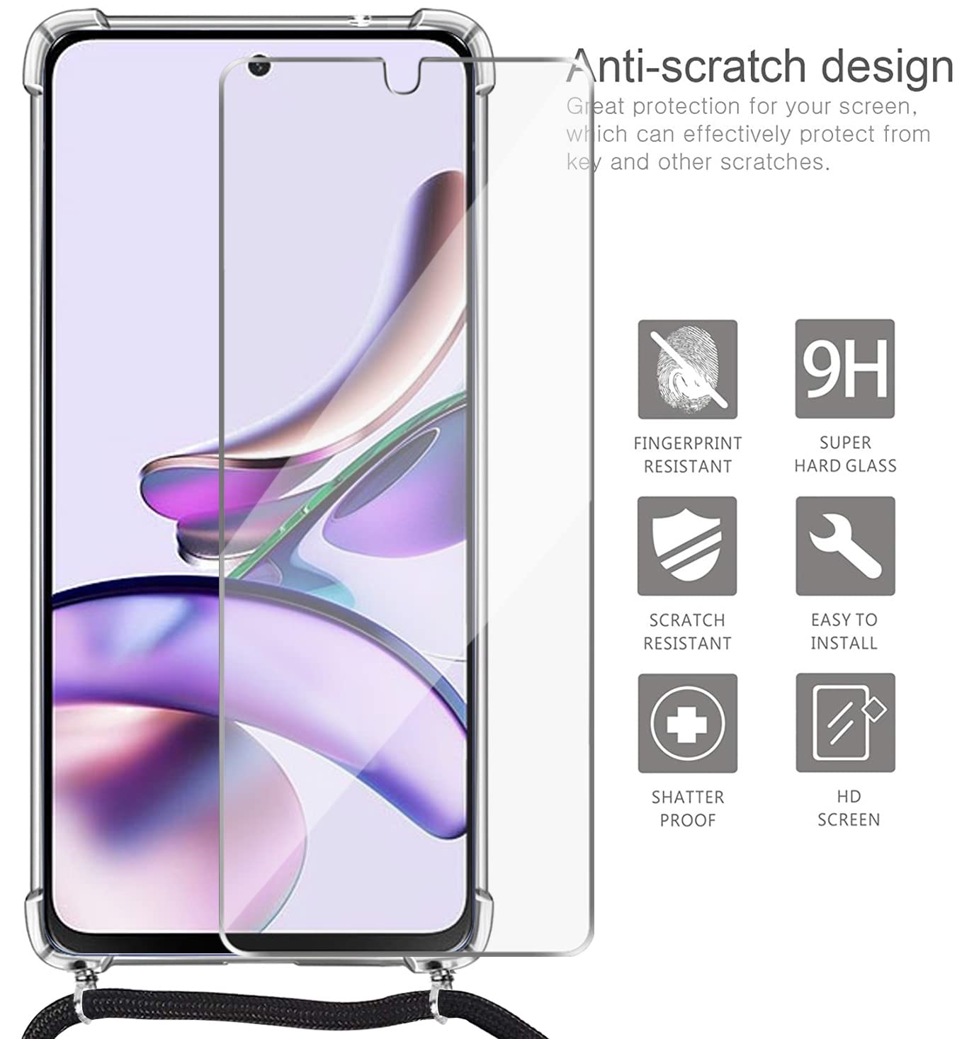 Handykette Für Motorola Moto G13/G23 – Transparente Silikonhülle Mit Abnehmbarer Umhängekordel, Inkl. Displayfolie & Stylus