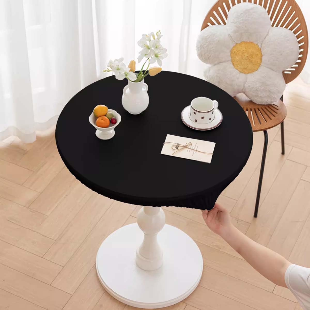 Miaogoo Round Tablecloth Waterproof Oil-proof Table Protector, Elastic Edged Fitted Wipeable Table Cloth for Restaurant Home Dining Room Garden Party BBQ (Black,80cm)