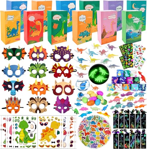 Slmeno Dinosaur Party Favors 12 Pack, 204PCS Dinosaur Goodie Bags Stuffers for Kids Birthday, Dino Party Favors Return Gift Bag Pinata Fillers, Treasure Box Toys for Classroom Christmas Halloween