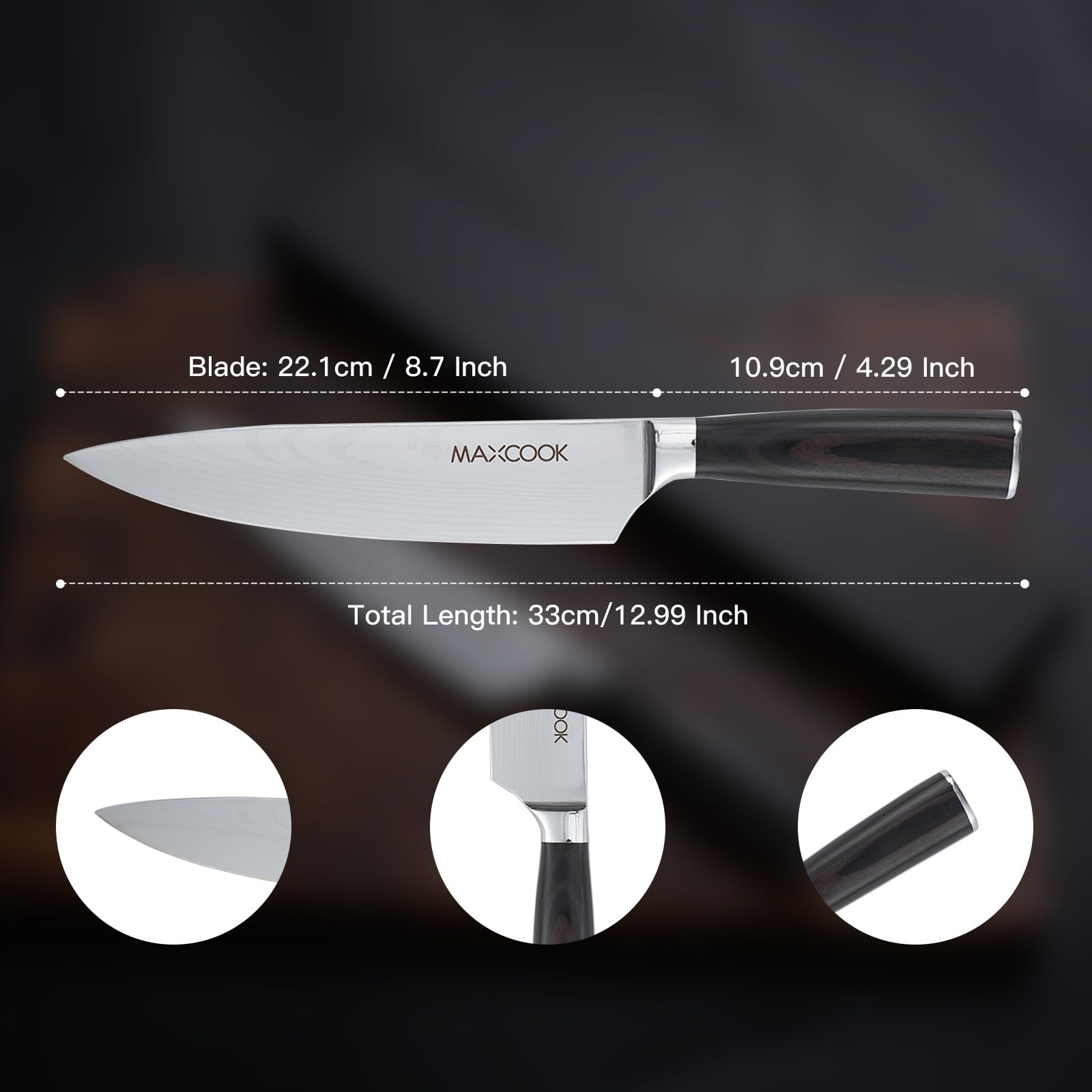 MAXCOOK Black Chef Knife 8 inch Stainless Steel Kitchen Knife Wooden Handle for Meat Vegetable Fruit
