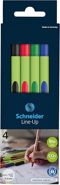 Schneider Line-Up cienkopis (grubość linii 0,4 mm, z ekologicznego tworzywa sztucznego, wyróżniony niebieskim aniołkiem) 4 sztuki, sortowane