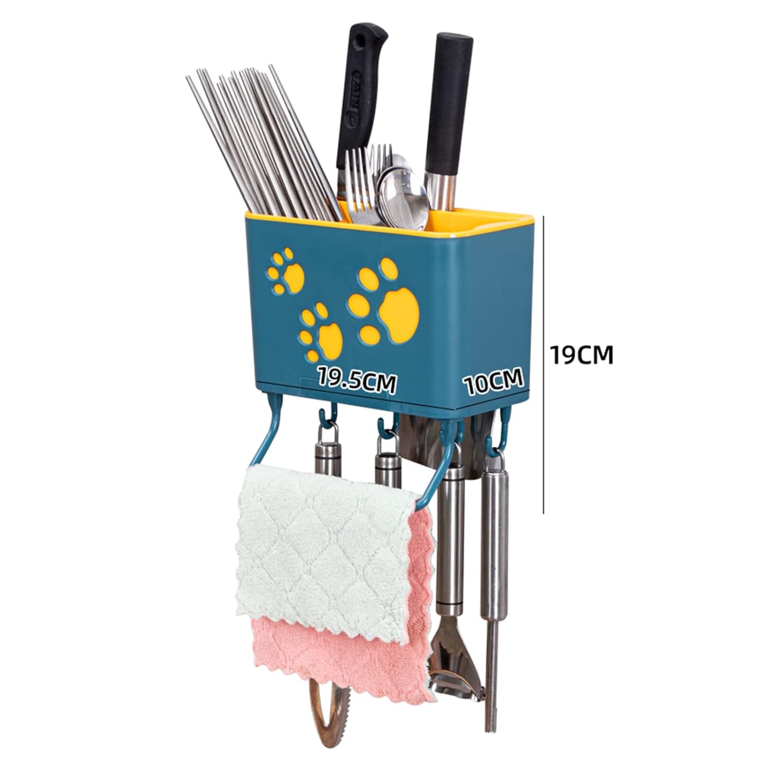 AQUIRI Stainless Steel Wall-Mounted Kitchen Organiser Rack with Knife Holder, Towel Hanger and Hooks, 40x5.5x7.4 cm (Blue)