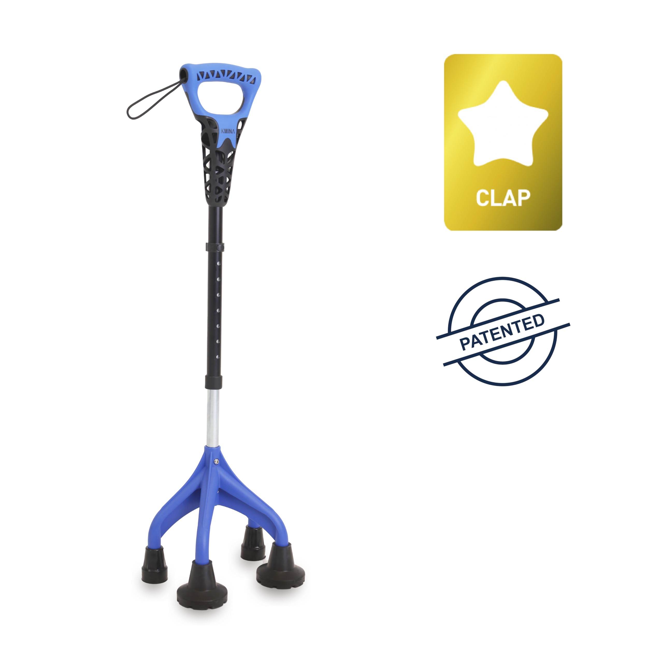 KMINA Canne de Marche Ergonomique à 4 Pieds (Lourde et Robuste 1,5 kg), Réglable pour Utilisateurs >1,55m de Hauteur, Design Breveté - Fabriqué en Europe