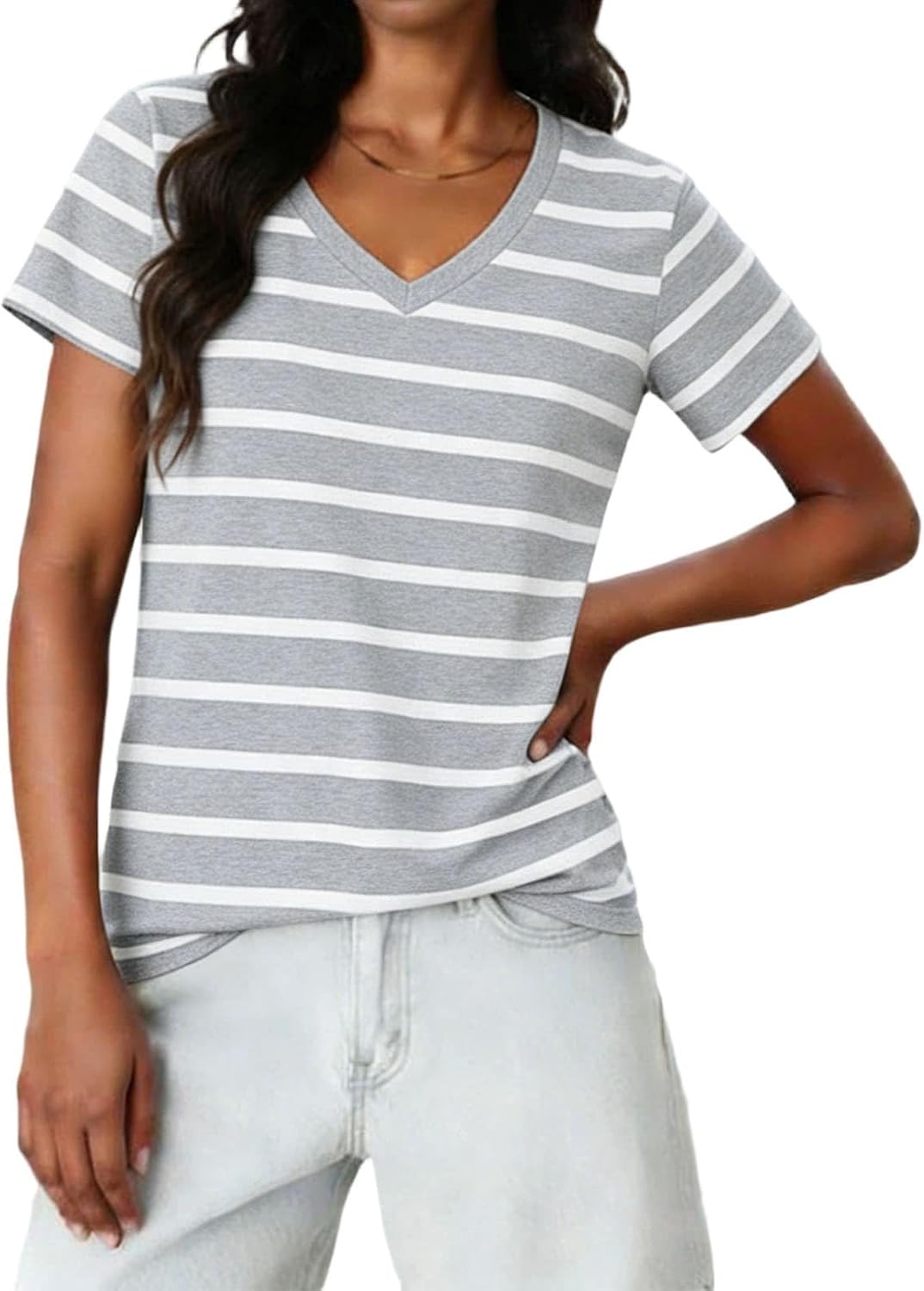 Tops for Women Trendy Striped V Neck Short Sleeve Shirts Dressy Casual Blouses Summer Holiday Clothing Outfits