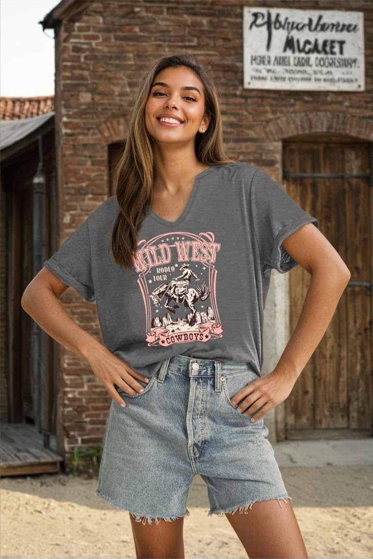 Cowboy Shirts for Women V Neck Vintage Rodeo T Shirt Western Fashion Graphic Short Sleeve Tee Tops - Image 2