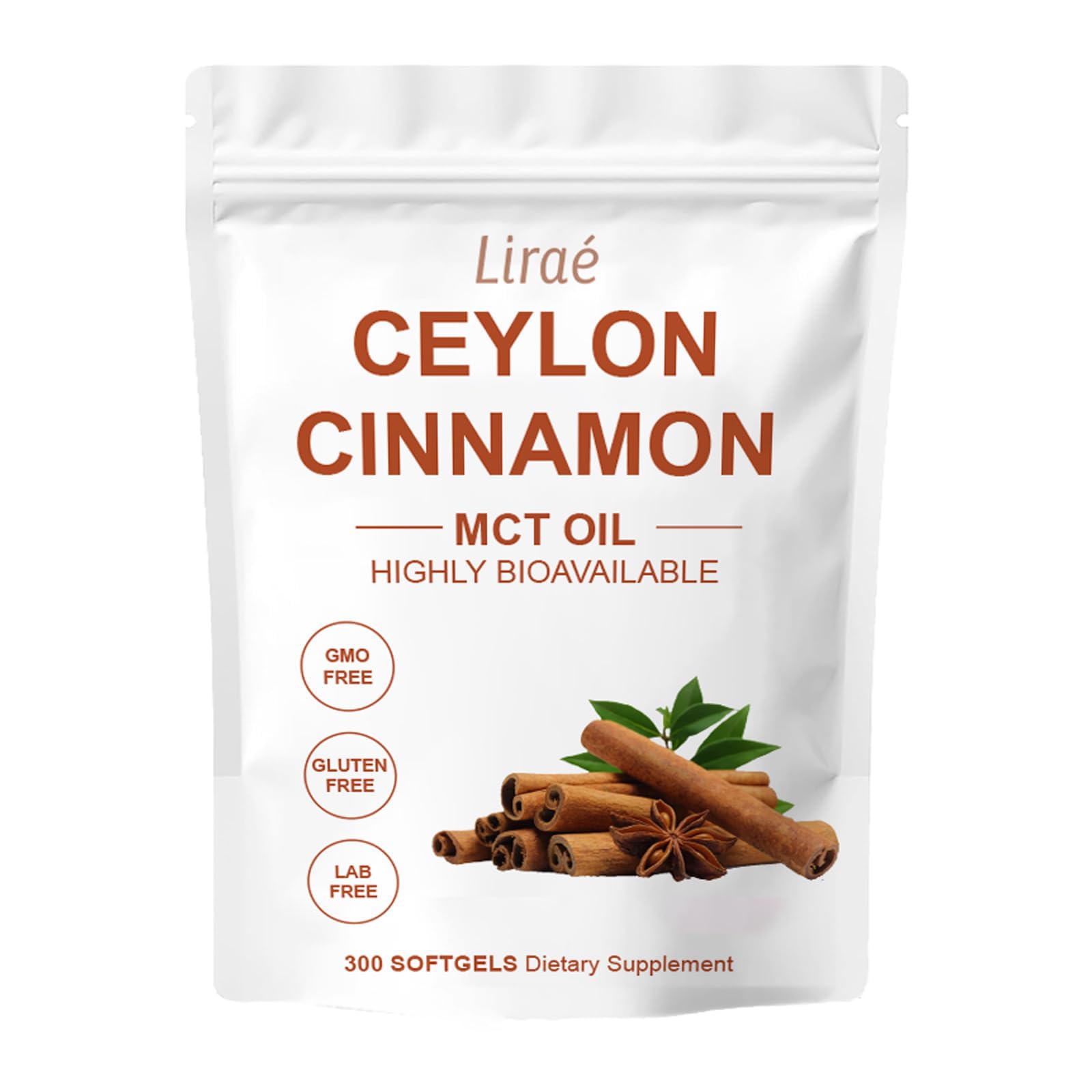 LIRAE Ceylon Cinnamon - 300 Soft Gels with Mct Oil, Non-GMO, Gluten Free, Highly Bioavailable &amp; Easy to Swallow - 300 Softgels (1)