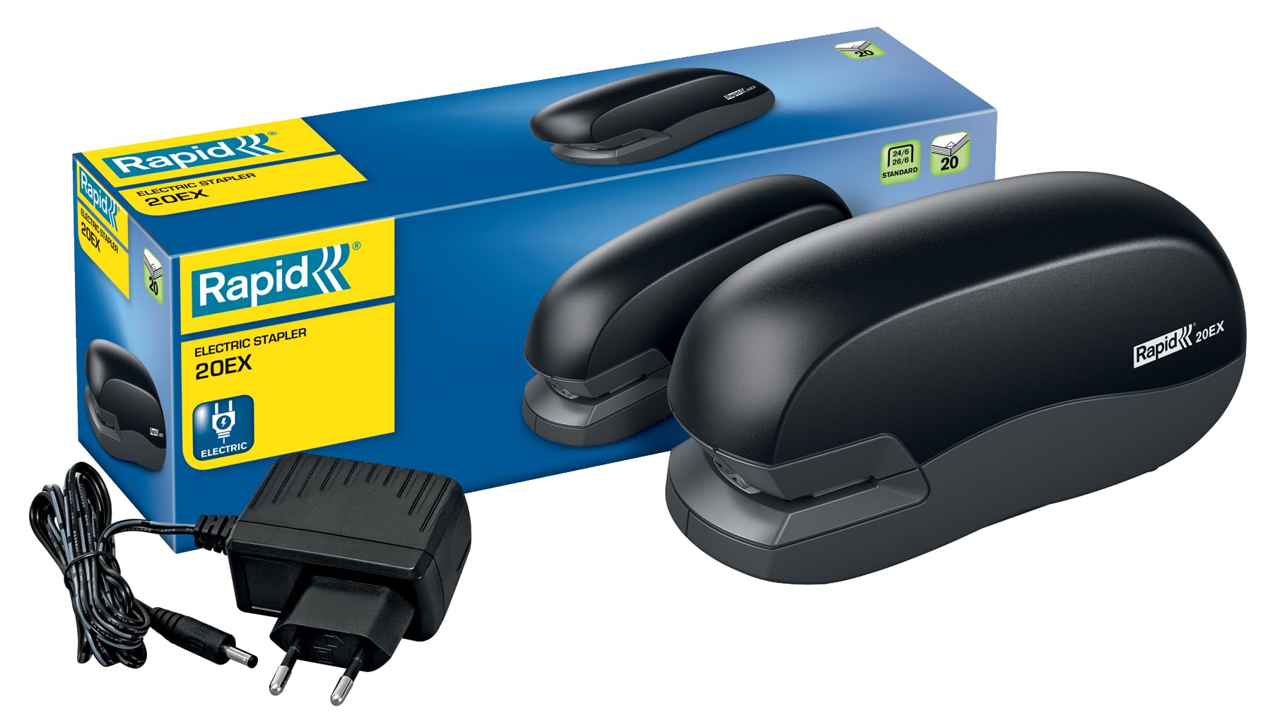 Rapid, Agrafeuse Électrique Fixativ 20EX, 20 Feuilles, Sur Secteur, Profondeur de Gorge 10 mm, Agrafes 24/6 et 26/6, Ouverture Avant pour Recharge Facile, Bureau Maison, Noir, 5000297