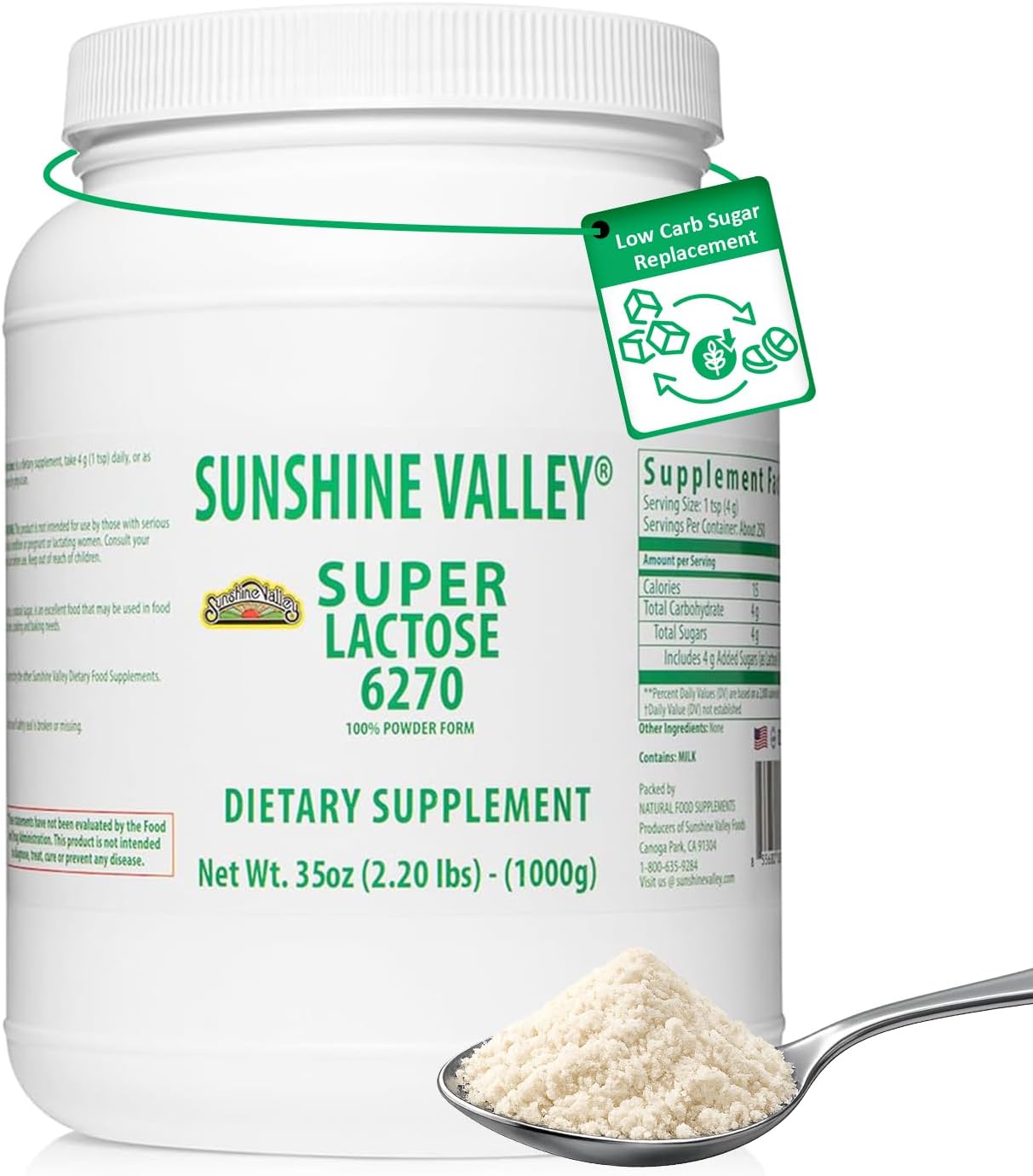 Sunshine Valley® Lactose Powder (Milk Sugar) - Fine White Powder for Baking, Cooking & Brewing, Versatile Ingredient for Food Mixtures & Recipes - 35 oz