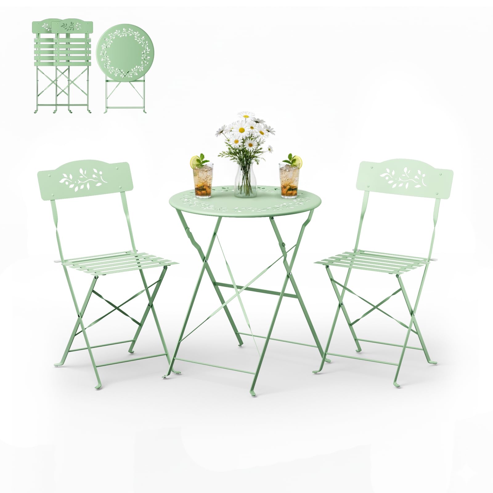 VINGLI Set Bistrò Pieghevole, Tavolino da Balcone con 2 Seide, Tavolo e Sedie da Esterno, Balcone e Terrazza (Verde Chiaro, Modello Traforato, Senza Cuscino)