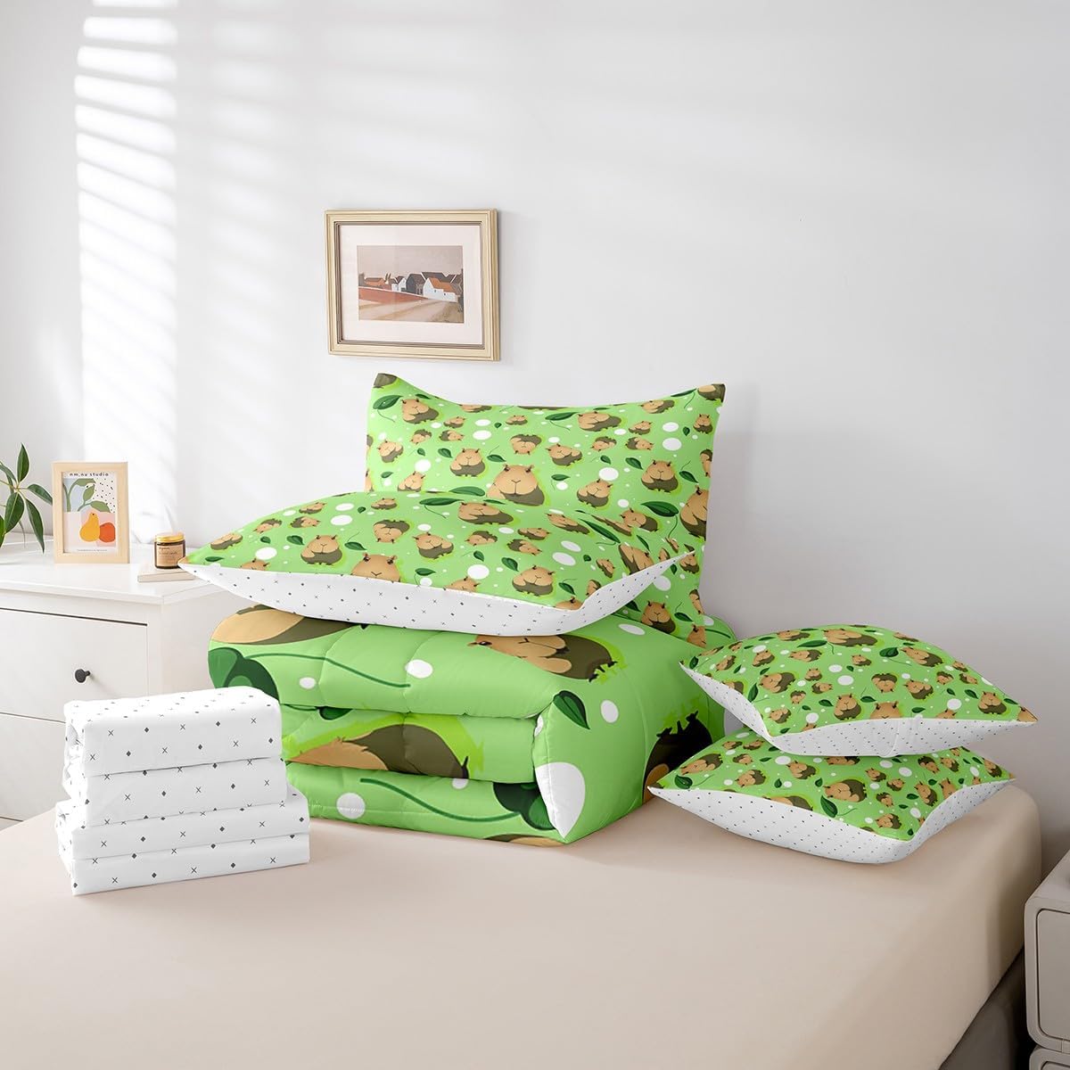 Erosebridal 7Pcs Funny Capybara Comforter Sets Full Size, Watercolor Brown Capybara Comforter Set Bed in a Bag(1 Comforter, 1 Flat Sheet 1 Fitted Sheet 2 Pillowcases and 2 Throw Pillow Covers)
