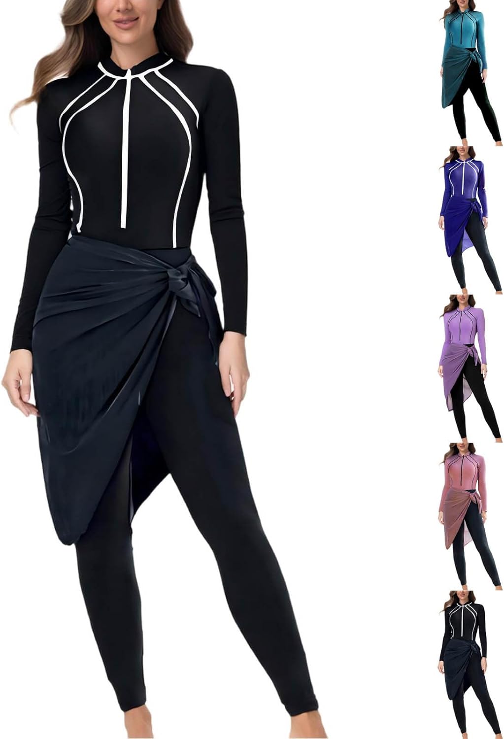 HGps8w Women's Long Sleeve Rash Guard Sets Zipper Swimsuits with Sarong Cover up Wrap Skirt Full Coverage Bathing Suits