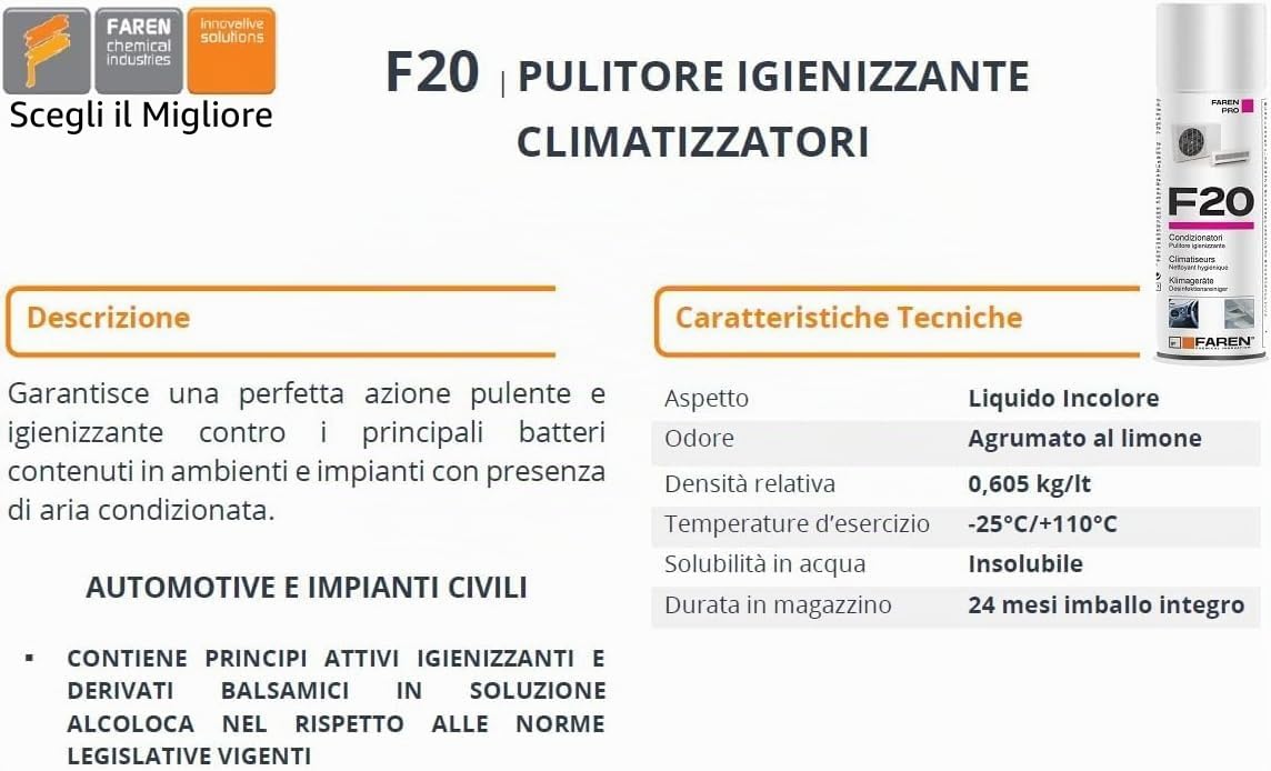Igienizzante Spray F20 per Climatizzatori di Casa e Auto, gradevolmente profumato a base alcolica, 6pz x 400ml + 1 Paio di Guanti