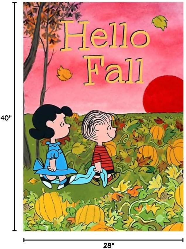 Flagology, PEANUTS® Hello Fall Lucy and Linus Pumpkin Patch House Flag 28" x 40", Outdoor Flag, Exclusive Premium Fabric, Officially Licensed PEANUTS®, Fall