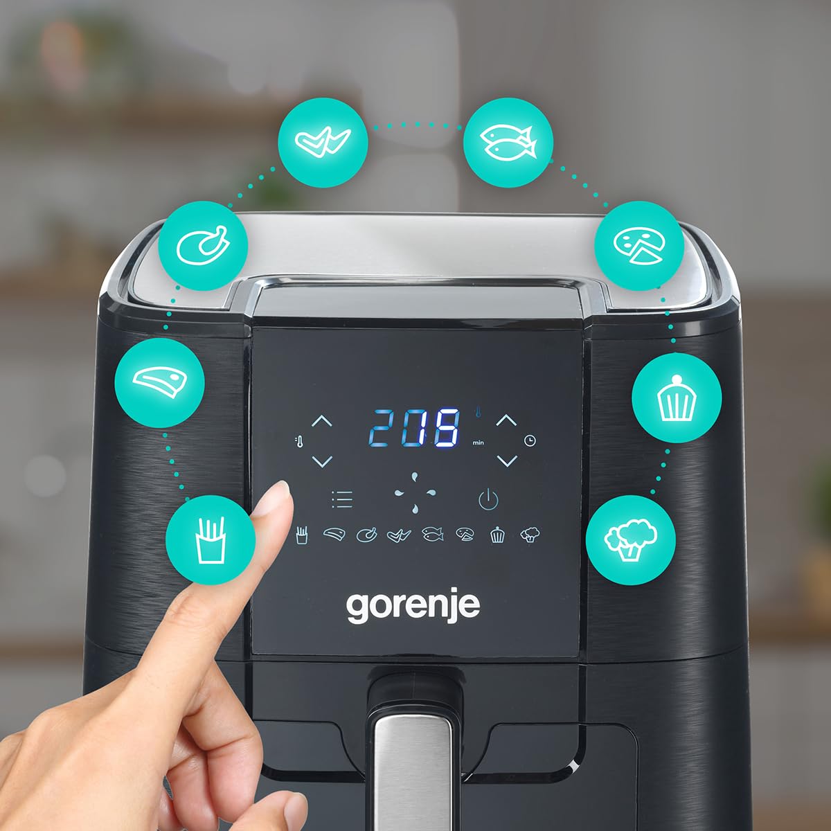 Gorenje AF1350DWB Heißluftfritteuse / 1.350 Watt/Korb 5,4 Liter mit Sichtfenst / 8 Automatik Programme/Antihaft-Beschichtung/LED Anzeige/B x H x T: 28 × 35,3 × 32,1 cm/Schwarz