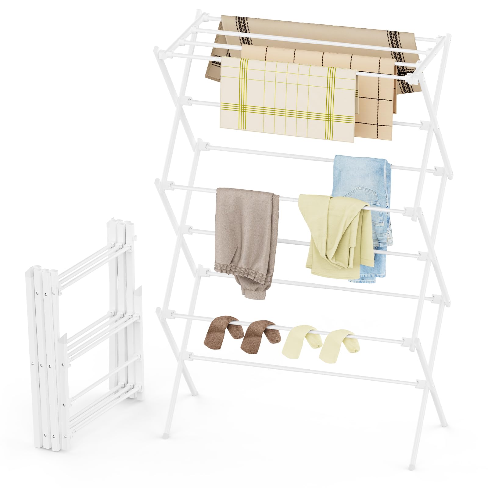 Photo 1 of FILROUG Drying Rack Clothing, 3-Tier Clothes Drying Rack Foldable, Antirust Laundry Drying Rack Collapsible Use for Indoor & Outdoor, 11.8" D x 34.6" W x 35.4" H, White