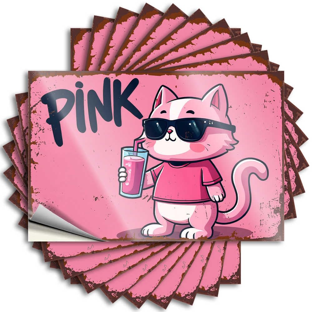 Bumper Haves Easy Apply | Chill Pink Cat Sipping On A Cool Drink Coffee Bottle Peel and Stick(6X9CM)