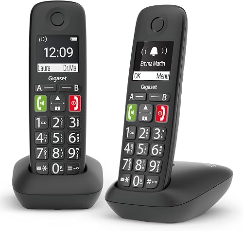Gigaset E290 Duo - Teléfono Fijo Inalámbrico con Teclas Grandes, Adecuado para Personas Mayores, Pantalla de Alta Visibilidad, Manos Libres, Compatible con Audífonos, Negro
