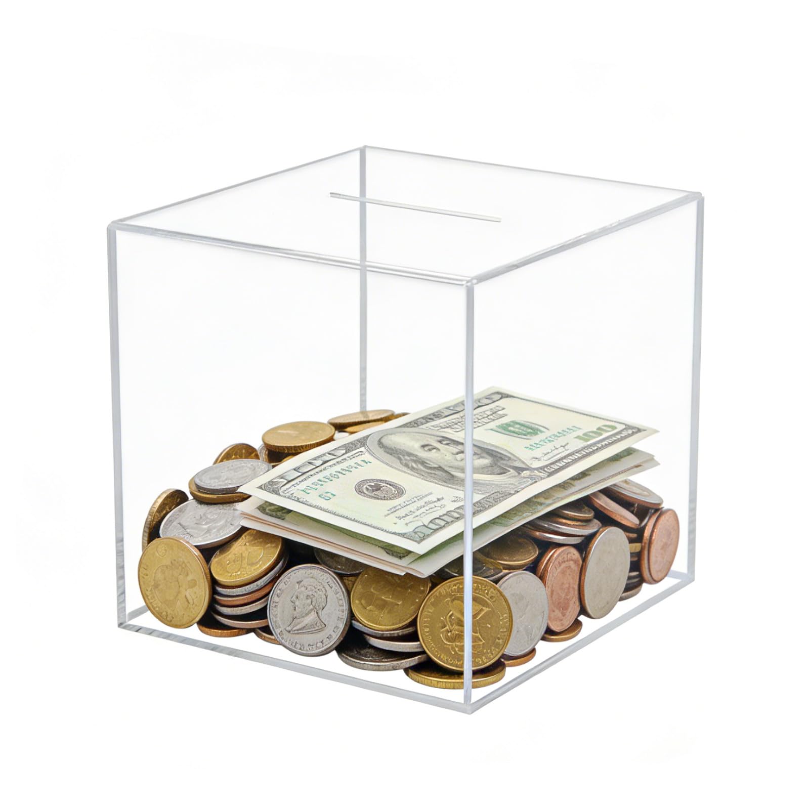 M.J COMFY-LIFE Acrylic Piggy Bank for Adults, Clear Money Box Break to Open Square Money, Saving Box Transparent Smash Money Box with Large Slot Unbreakable Savings Jar for Coins Cash 15 x 15cm