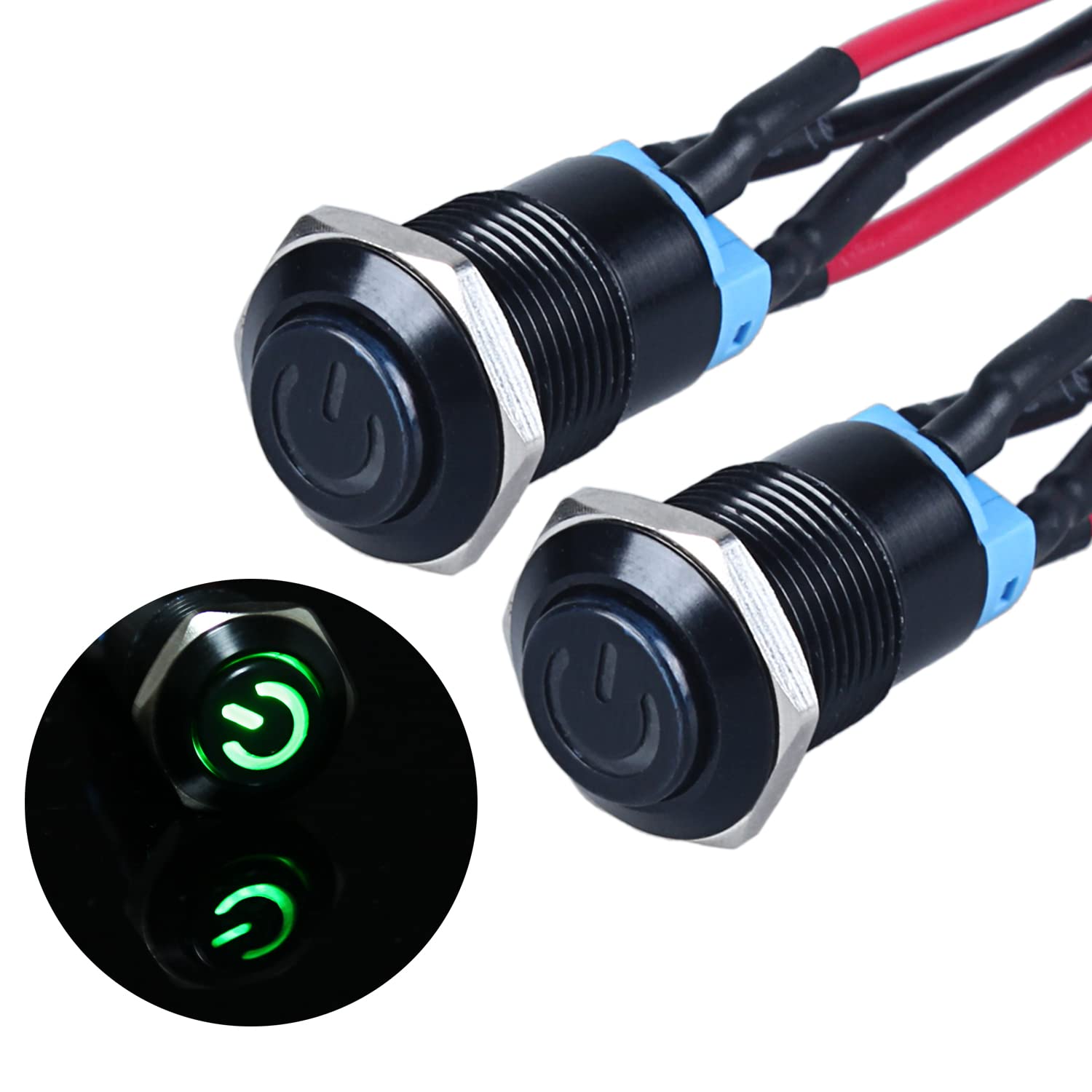 JIQI2 x 12 mm locking waterproof pressure switch 12 V to 24 V 2 A IP66 matching push button with LED power symbol locking on/off switch made of metal black push button switch (high head, green)