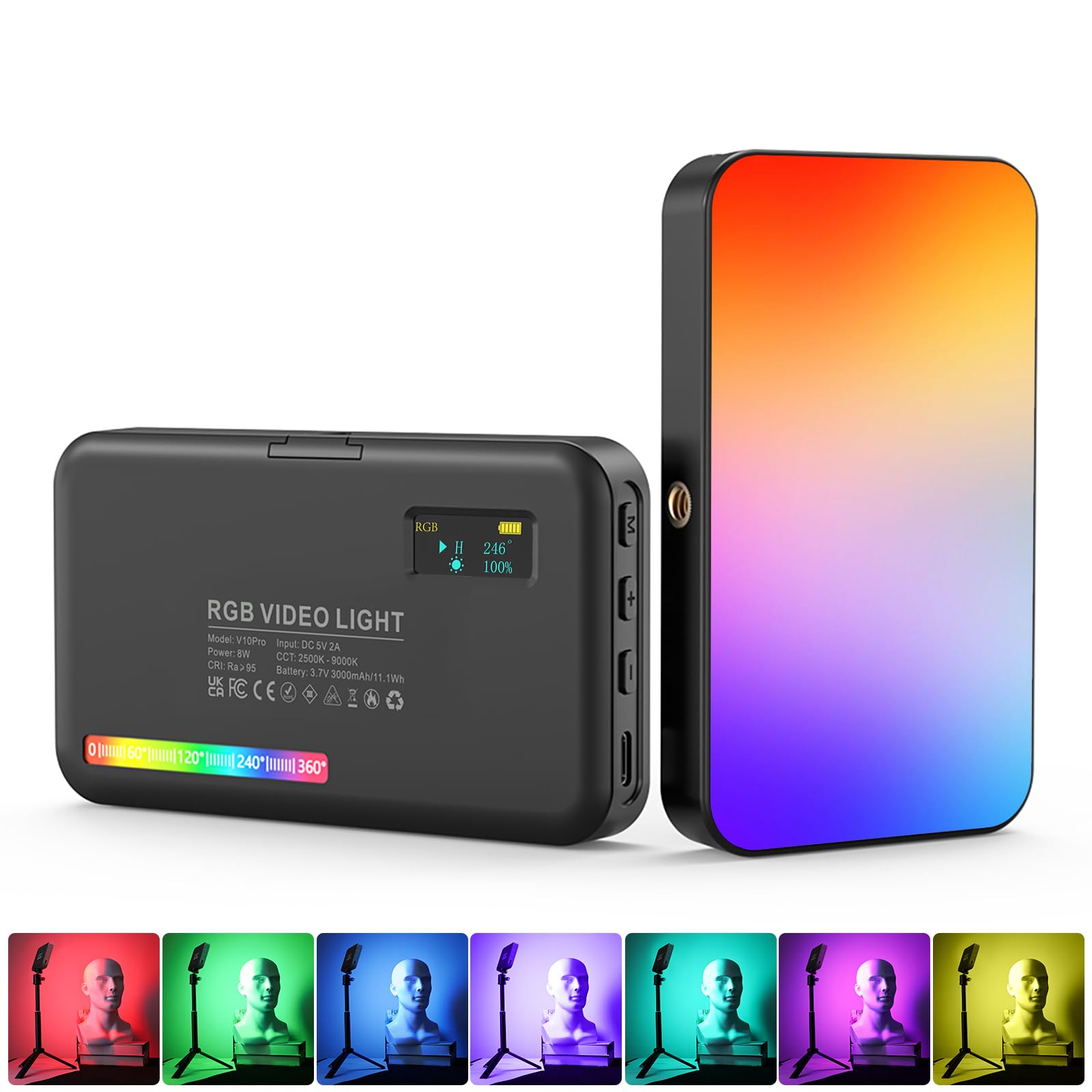 LUXCEO RGB LED Luce Video Ricaricabile Fotografia RGB Luce, 3100mAh, CRI 95 +, 2500K-9000K Dimmerabile 20 effetti di luce con display LCD per Vlog,Live Stream,Intervista,Fotografia