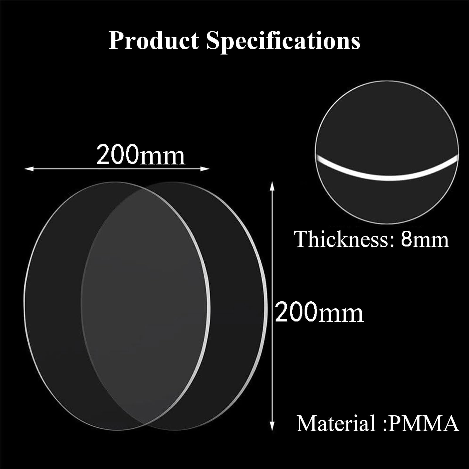 Acrylglas Platten 4 Stück Acrylplatten, 8 mm runde klare Acrylplatten, transparente Acrylscheiben für Bilderrahmen, Malerei, Bastelprojekte, Durchmesser 200 mm