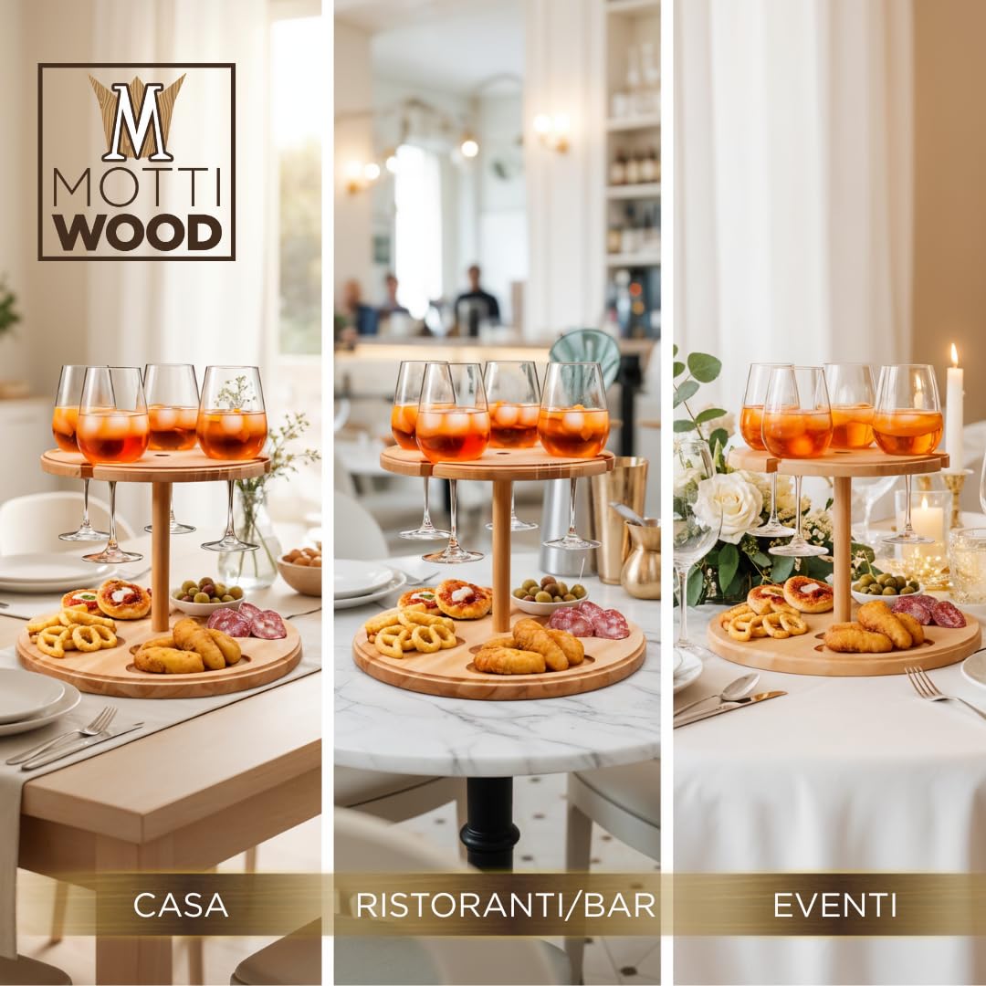 Mottiwood Alzatina 4 Bicchieri, Vassoio Aperitivo, 2 Ripiani, 4 Spazi Porta Bicchieri, 100% Legno Faggio, Idea Unica, Dimensioni: 32,5x23hcm