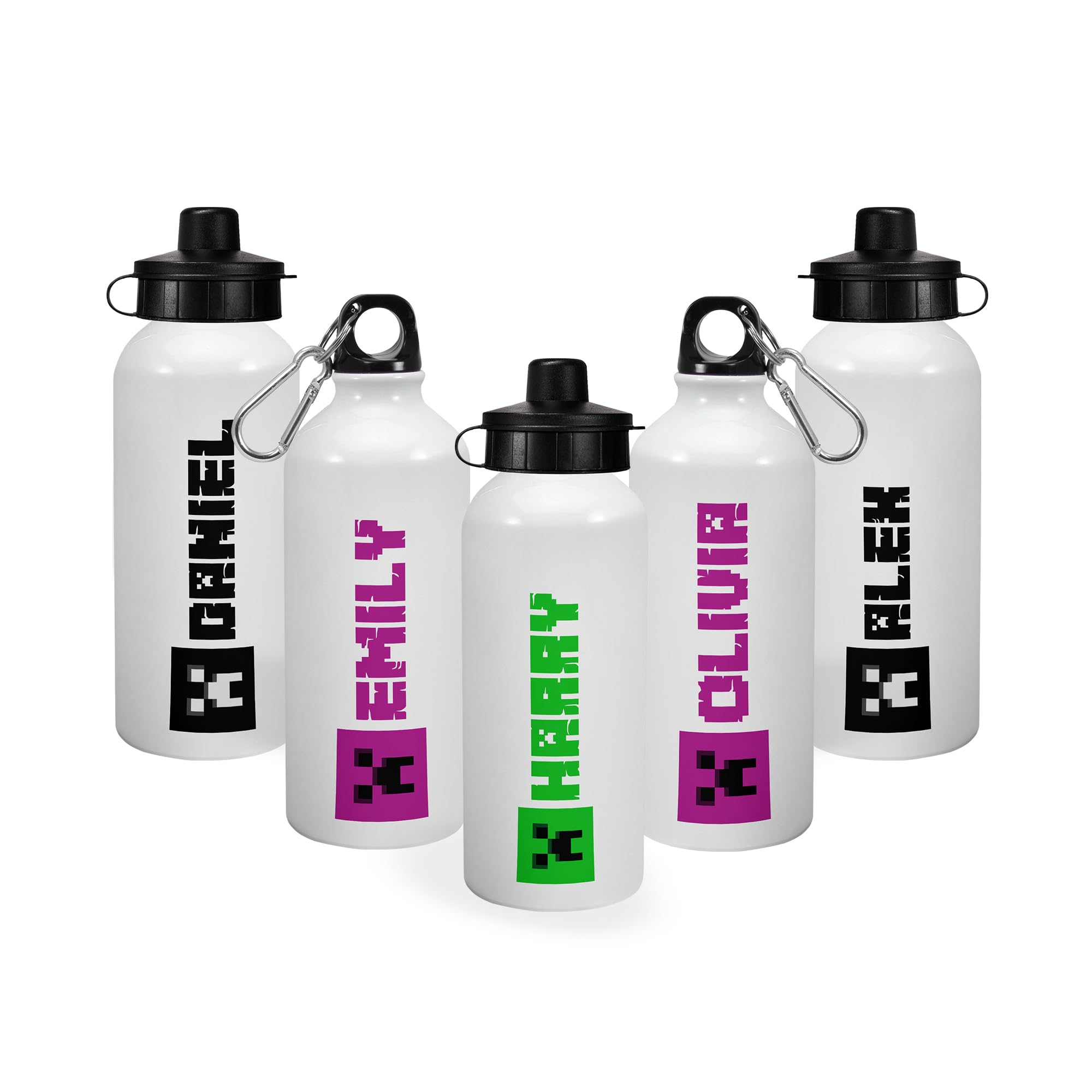 Print Maniacs Personalised Water Bottle School Sport Cap Drink White Silver 600ml or 400ml Aluminium Kid Boys Girls Biking Gift Mine Icon (White, 600ml)