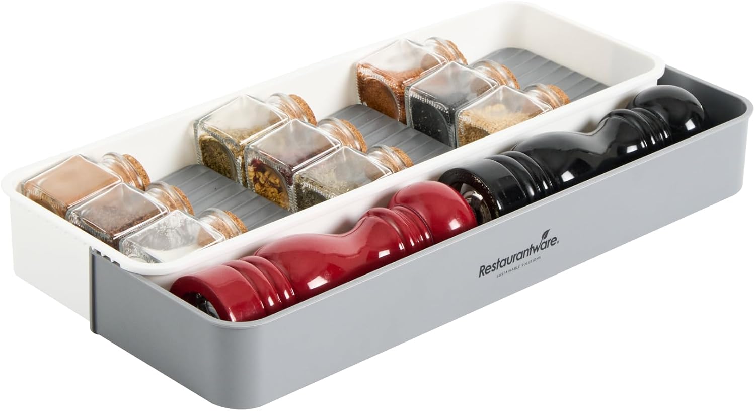 Restaurantware Expandable Spice Drawer Organizer - 12 Count 15.55 x 5.51 x 2.17 Inches Plastic Spice Jar Holder Tiered Organizer Non-Slip Tray Gray Kitchen Storage Solution