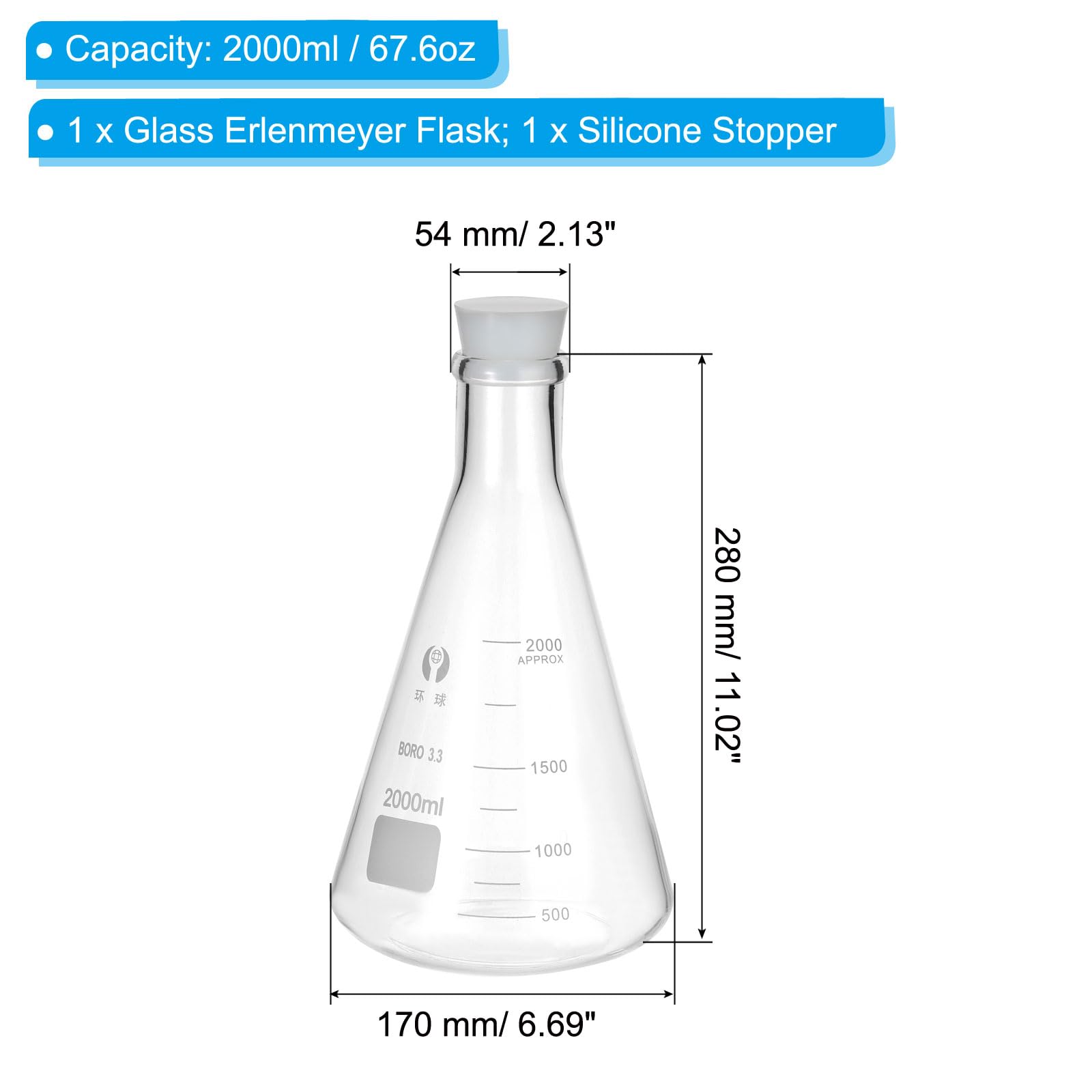 PATIKIL Kolba Erlenmeyera, 2000 ml, 67,6 uncji z wąską szyjką, z silikonowym korkiem, szklane kolby borokrzemowe z nadrukiem podziałki do eksperymentu laboratoryjnego naukowego