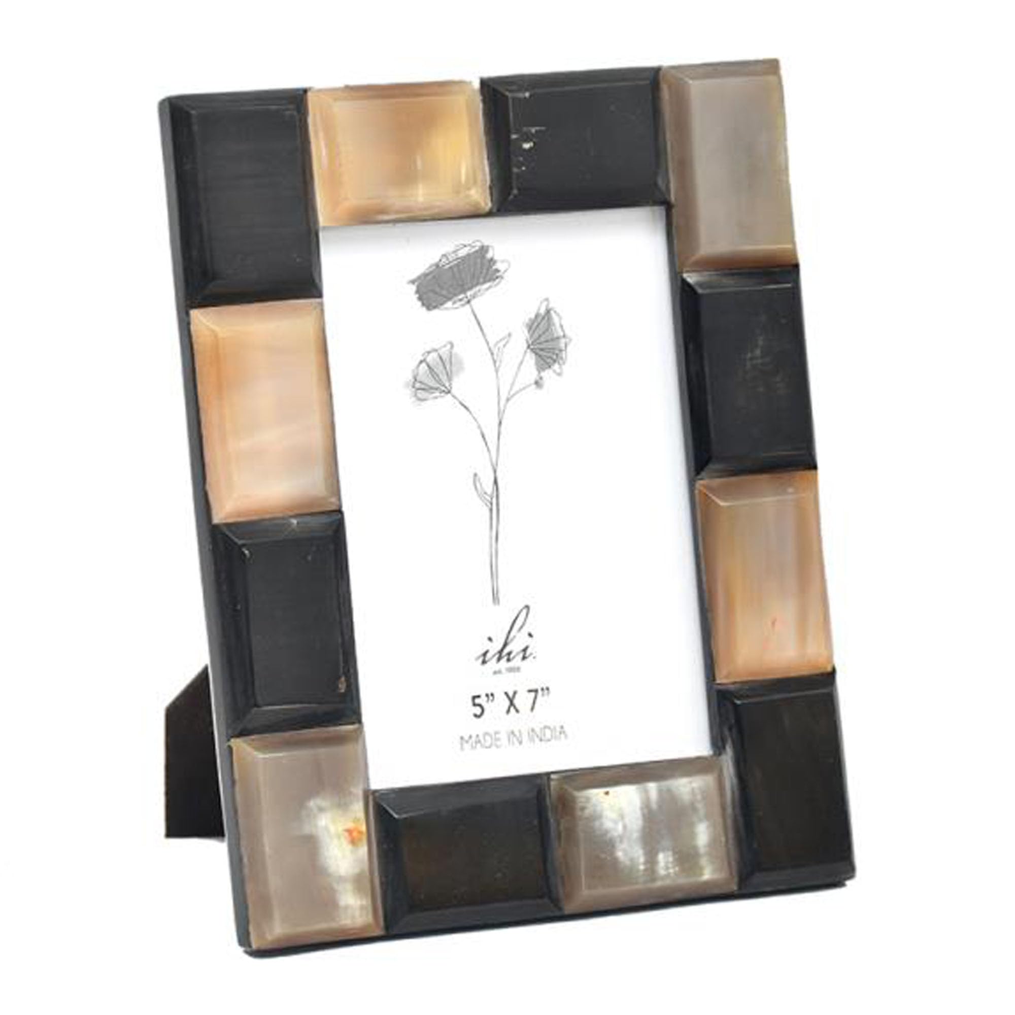 IHI EST. 1986 Two-Tone Horn Inlay Photo Frame, 5 x 7 Inch Picture Frame with Black and Natural Horn Mosaic Design, Decorative Tabletop Frame for Home Office Décor