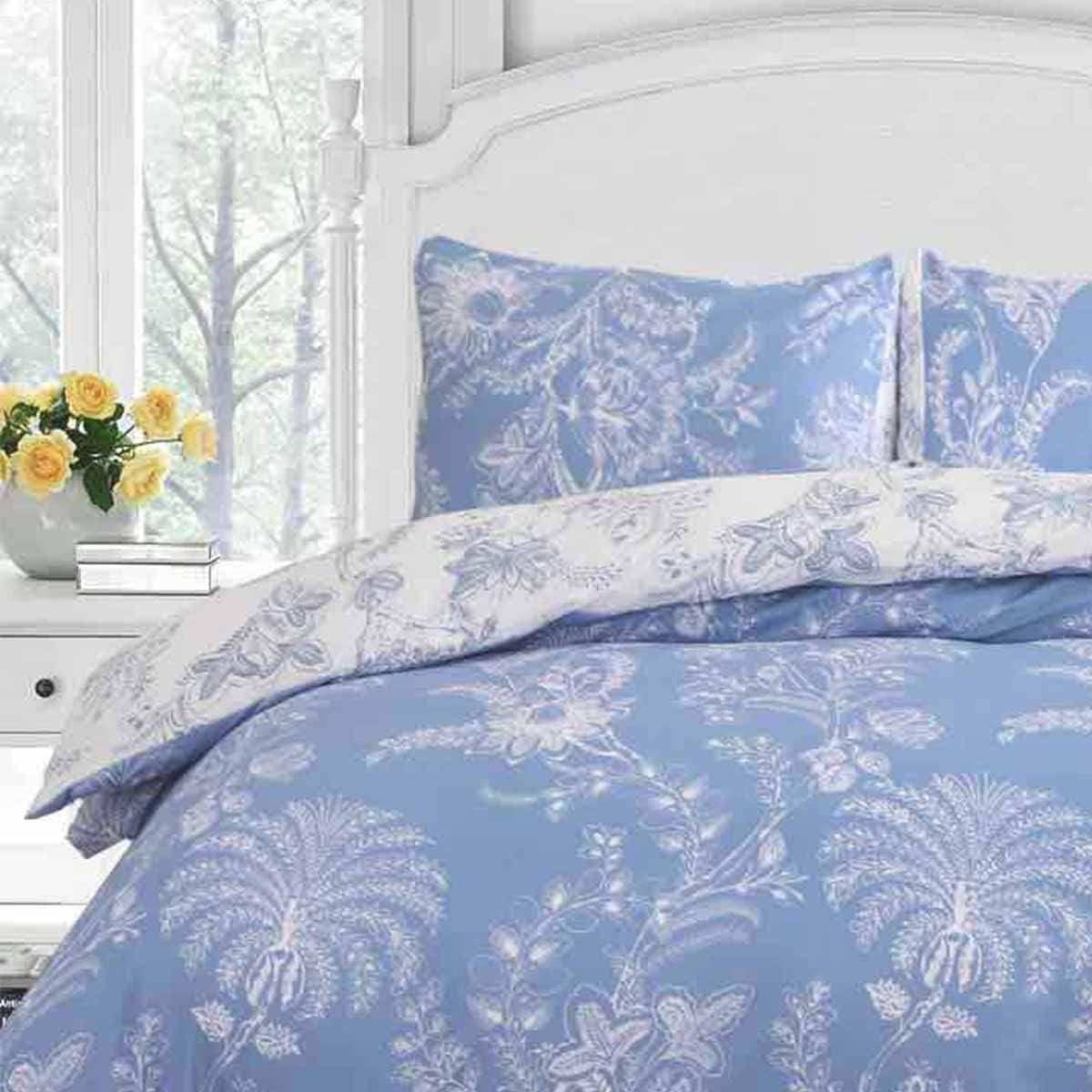 ETDIFFE Floral Duvet Cover Queen Size, 3pc Reversible Farmhouse Botanical Flower Pattern Printed Microfiber Comforter Cover Set, Aesthetic Soft & Lightweight Quilt Cover, Light Blue and White