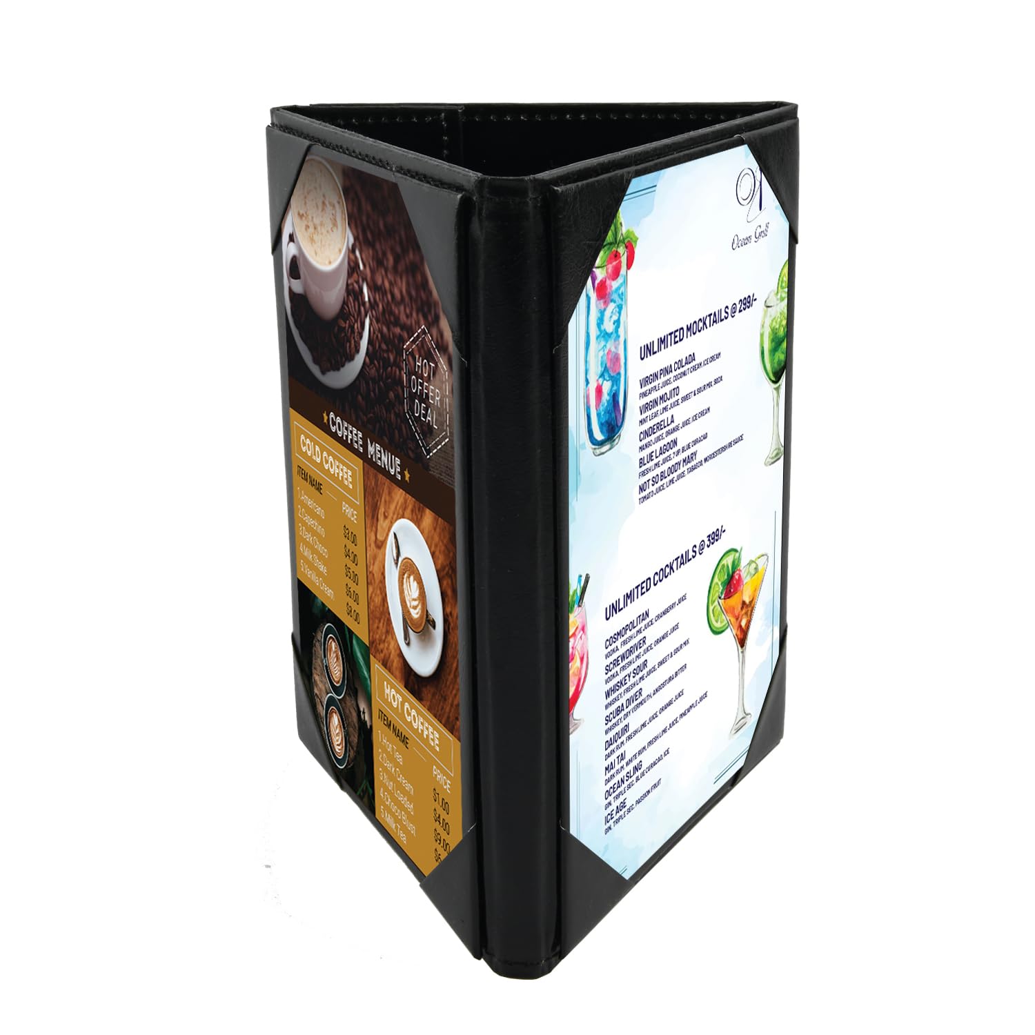ONLVAN Leather Table Tent Leather Menu Holder Sign Display Black Menu Covers for Cafes Bars or Restaurant for 4×6 Inch Menus 3 sided triangle shape table tent 1 pack