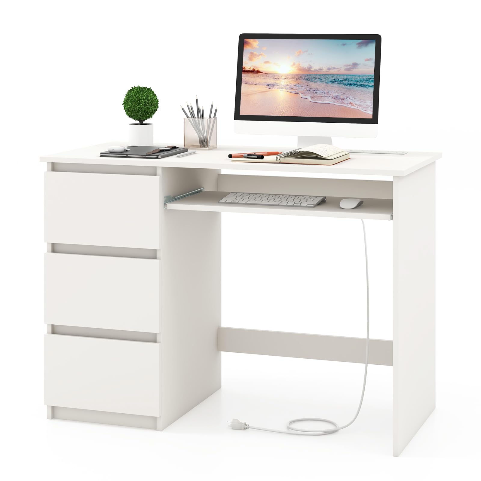 Tangkula White Desk with 3 Storage Drawers & Built-in Charging Station, Home Office Desk with Keyboard Tray, PC Desk Study Writing Table, Vanity Table for Bedroom, Computer Workstation (White)The Forest Stewardship Council