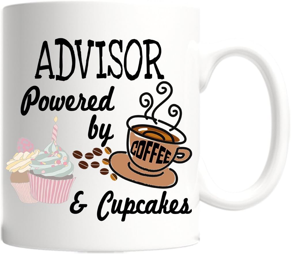 Funny Advisor Mug, 15oz White, Advisor Powered by Coffee and Cupcakes, Birthday, Christmas Gift