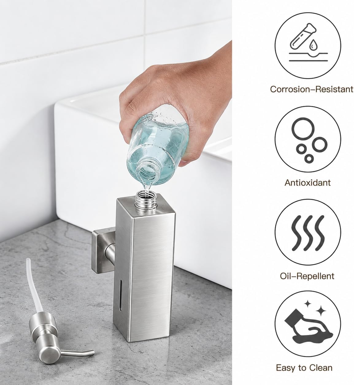 200ML 304 Stainless Steel Wall Mount Soap Dispenser for Bathroom & Kitchen