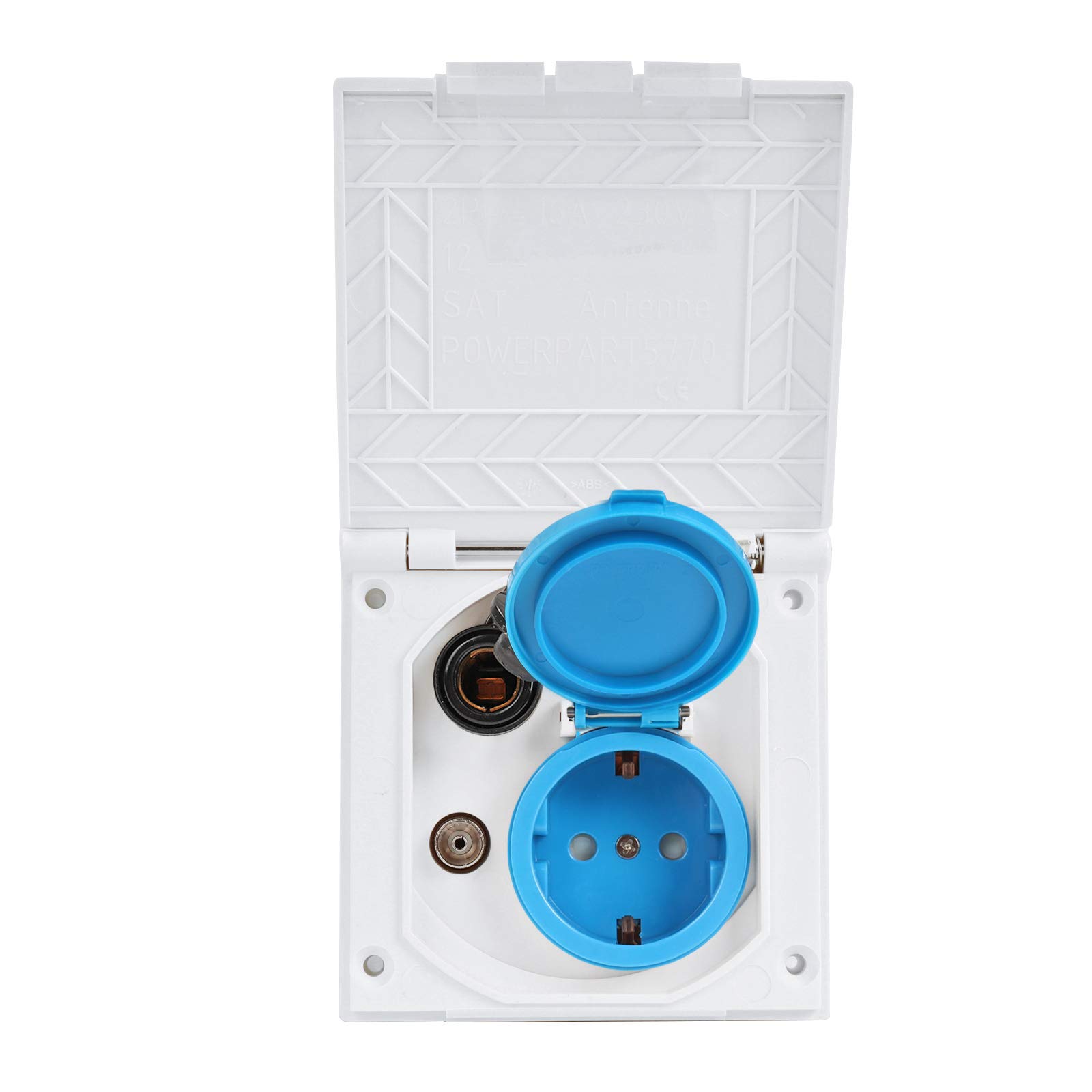 CEE - Enchufe para exteriores (240 V, 12 V, antena satélite, IP44, ideal para caravanas, autocaravanas o autobuses de camping), color blanco