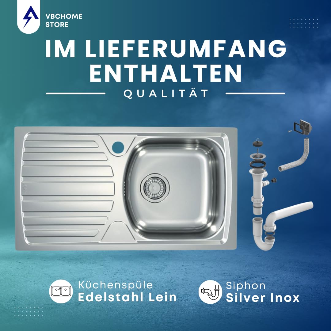 VBChome Edelstahlspüle 78 x 44 cm Leinenstruktur Spülbecken Einbauspüle Mit Hahnloch Abtropffläche Links Camping Küchenspüle Ablaufgarnitur fi114
