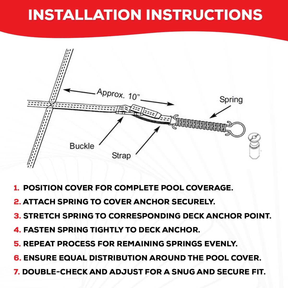The Door Bull - Swimming Pool Cover Stainless Steel Spring with Stopper D Ring and Protective Vinyl Spring Cover - for All Major Brands Cover(10 Pack)